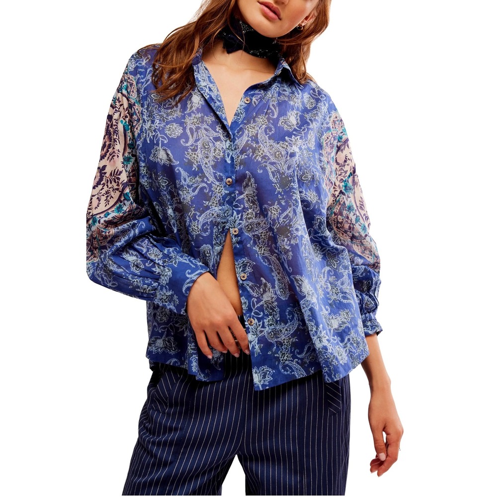 Free People Blue Paisley Floral Mixed Print Button Down Shirt OB2049948 Womens S